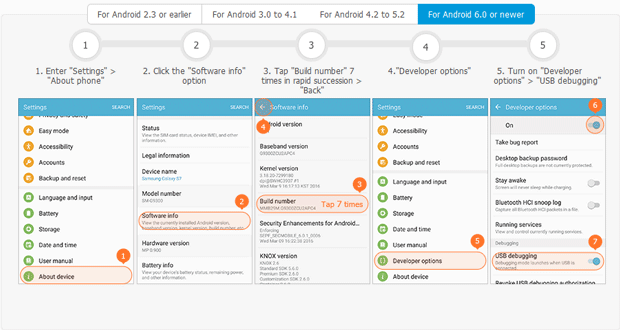 Enable USB debugging for Android phones and tablets running Android 6.0 or later