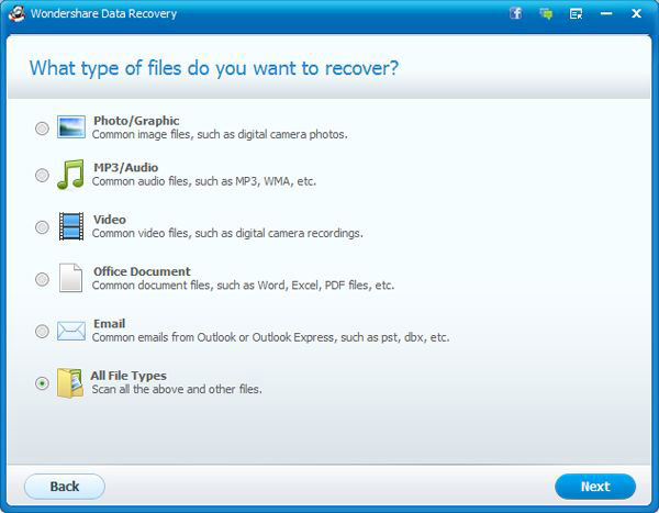 Selezionare i tipi di file Select file types